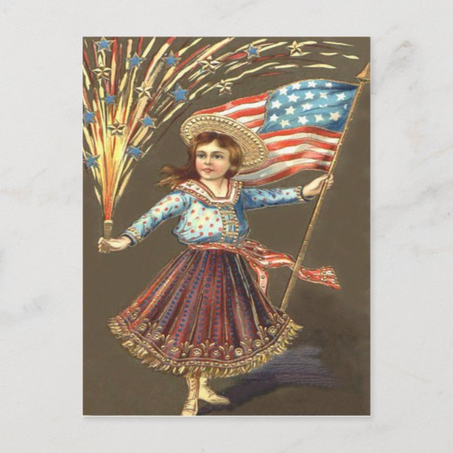 Carte Postale Fille des feux d'artifice et du drapeau américain  (Devant)