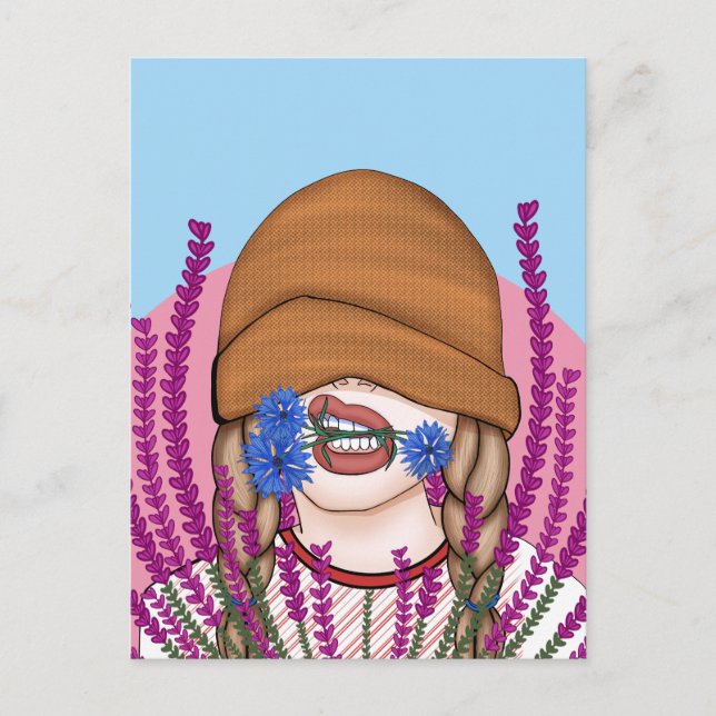 Carte Postale Fille drôle avec des fleurs de maïs sur un terrain (Devant)