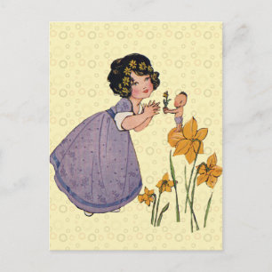 Carte Postale Fille Elf Fairy Daffodil Antique Pâques