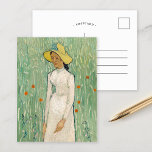 Carte Postale Fille en blanc | Vincent van Gogh<br><div class="desc">Fille en blanc (1890) | Oeuvre originale de l'artiste post-impressionniste néerlandais Vincent van Gogh (1853-1890). Le tableau représente une femme vêtue d'une robe blanche et d'un casquette de paille jaune, debout dans un terrain vert tendre parsemé de fleurs rouges. Utilisez les outils de conception pour ajouter du texte personnalisé ou...</div>