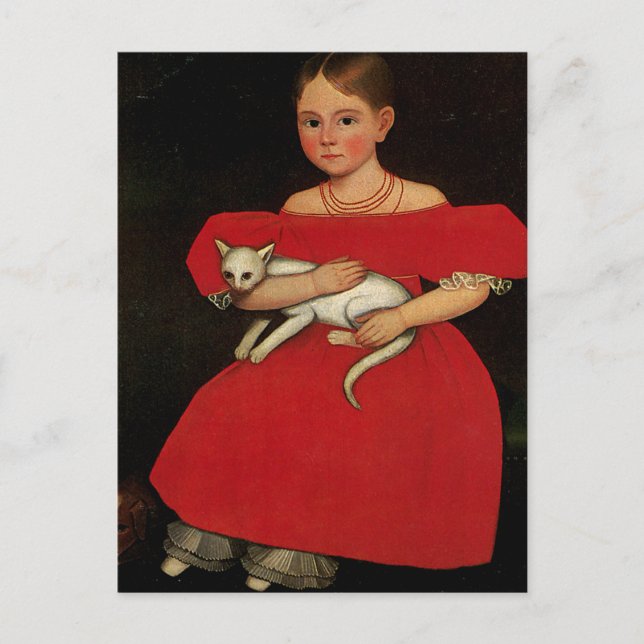 Carte Postale Fille en rouge avec son chat et son chien (Devant)