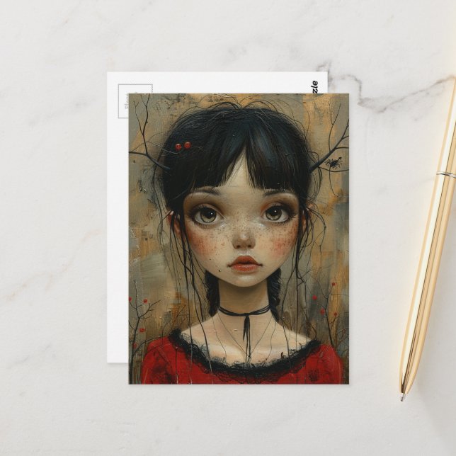 Carte Postale Fille en rouge en automne (Devant/Arrière en situation)
