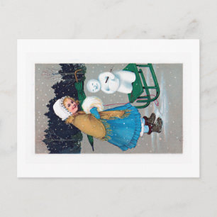 Carte Postale fille et bonhomme de neige, vintage