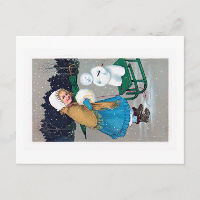 Carte Postale fille et bonhomme de neige, vintage (Devant)