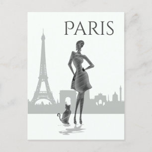 Carte Postale Fille et chat à Paris avec Tour Eiffel Gris