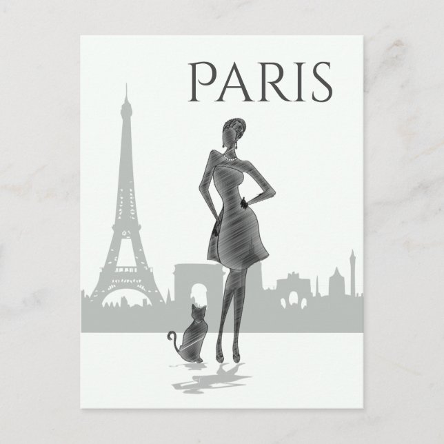 Carte Postale Fille et chat à Paris avec Tour Eiffel Gris (Devant)
