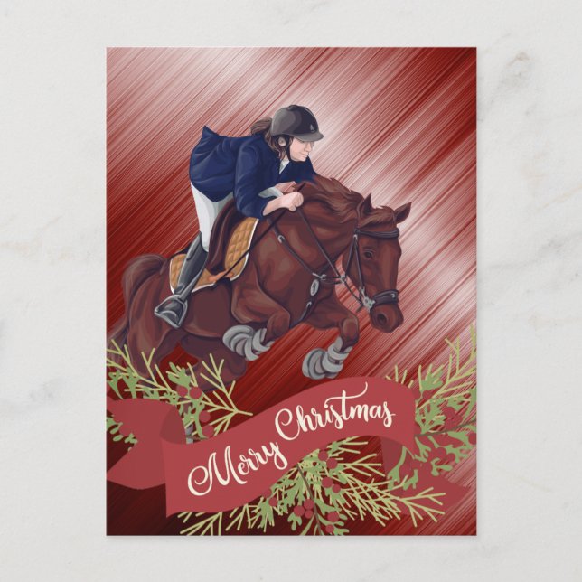 Carte Postale Fille et Cheval Joyeux Noël Rouge (Devant)