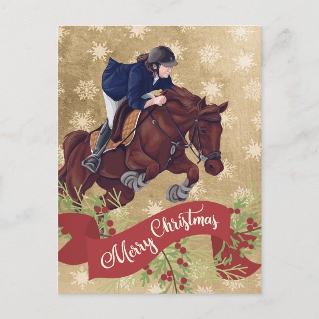 Carte Postale Fille et cheval sautant Joyeux Noël doré (Devant)