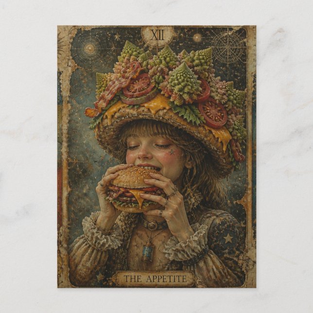 Carte Postale Fille étrange avec un chapeau de cheeseburger L'ap (Devant)