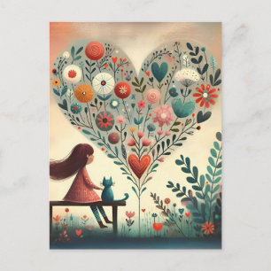 Carte Postale Fille Fantaisiste et Chat à Côté d'un Cœur Floral