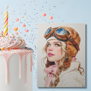 Carte Postale Fille Femme Pilote Aviatrice Aquarelle Anniversair