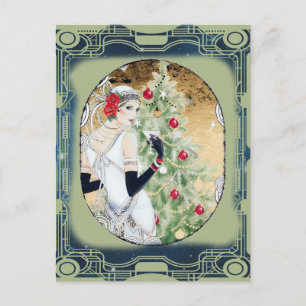 Carte Postale Fille flapper de Noël avec boisson et arbre