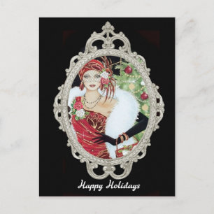 Carte Postale Fille Flapper de Noël robe rouge et or éblouissant