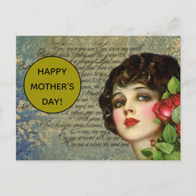 Carte Postale Fille glamour victorienne avec Rose rouge (Devant)