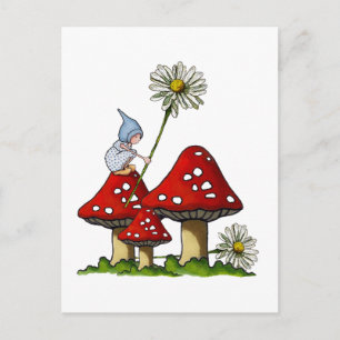 Carte Postale Fille Gnome, Tabouret, Marguerites, Art Fanstasy