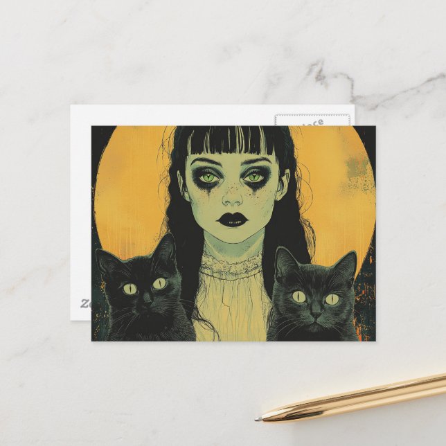 Carte Postale Fille gothique avec deux chats noirs (Devant/Arrière en situation)