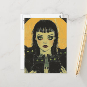 Carte Postale Fille gothique avec quatre chats noirs