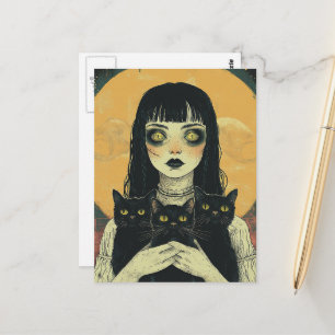 Carte Postale Fille gothique avec trois chats noirs