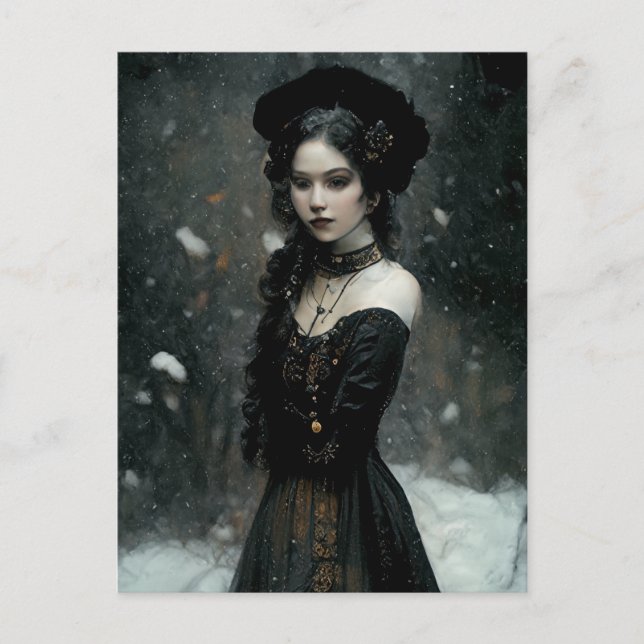 Carte Postale Fille gothique en hiver. Il neige. (Devant)