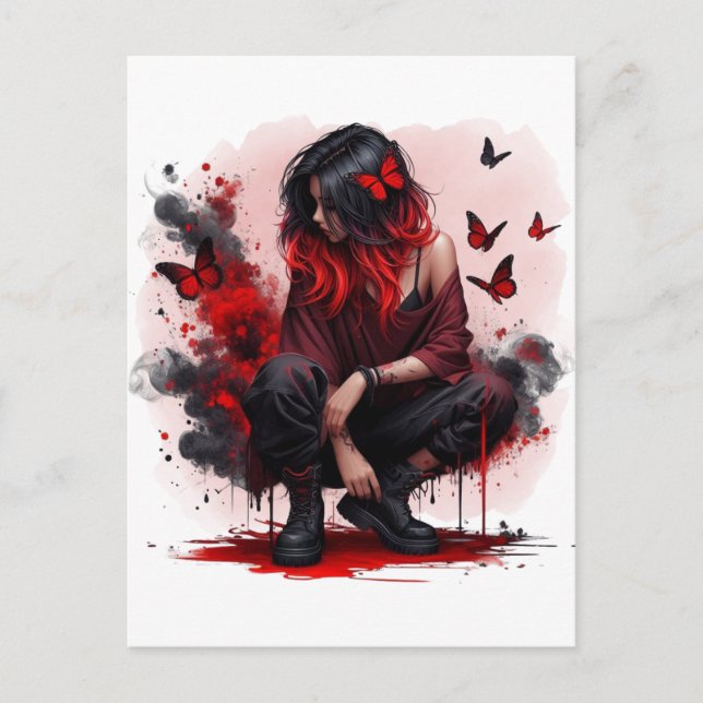 Carte Postale Fille grunge papillon rouge (Devant)