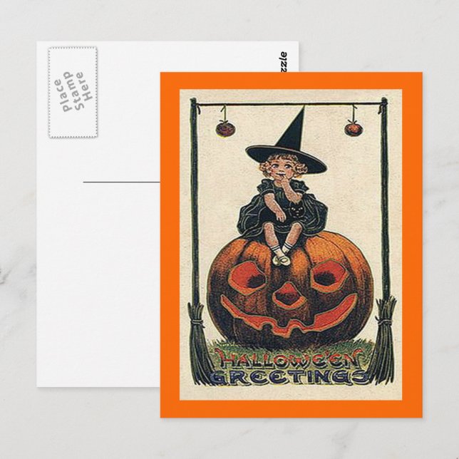 Carte Postale Fille Halloween Vintage sur Jack o'Lantern (Devant / Derrière)