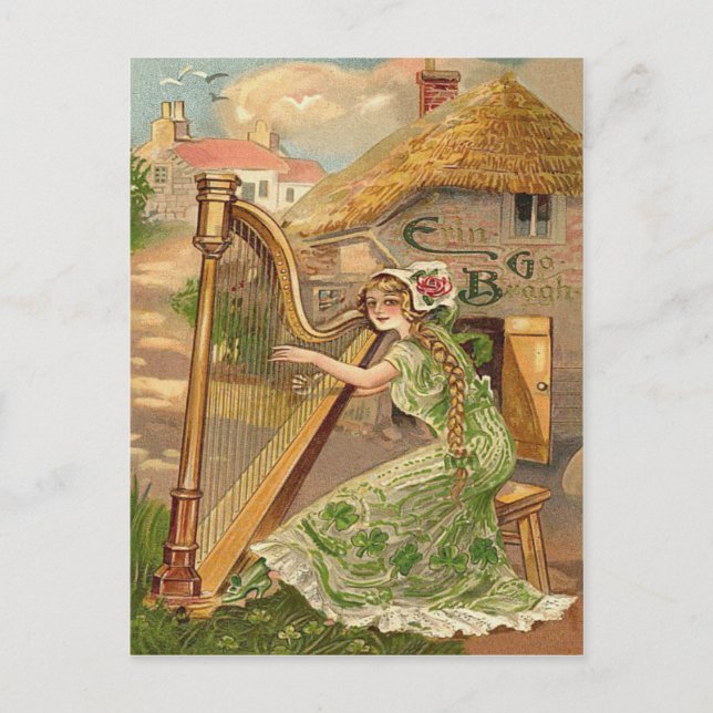 Carte Postale Fille Harpe Rose Trèfle Erin Go Braugh (Devant)