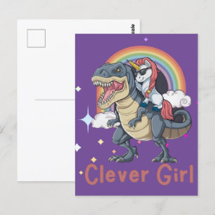 Carte Postale Fille intelligente - Édition dinosaure à cheval su