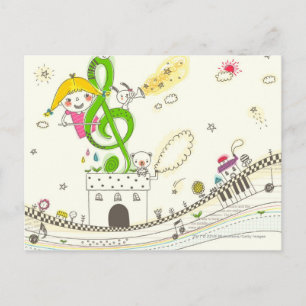 Carte Postale Fille jouant avec des notes musicales sur la maiso