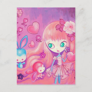 Carte Postale Fille Kawaii avec de mignons lapins