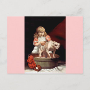 Carte Postale Fille lavant son chien de compagnie