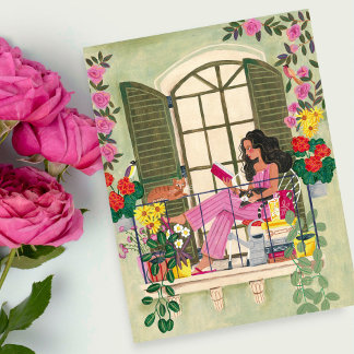 Carte Postale Fille lisant sur un balcon estival avec des chats