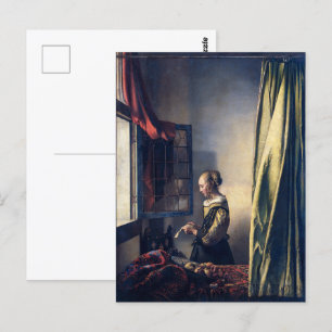 Carte Postale Fille lisant une lettre près d'une fenêtre ouverte