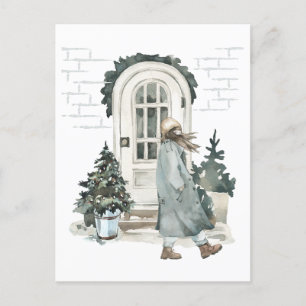 Carte Postale Fille marchant dans la rue en hiver