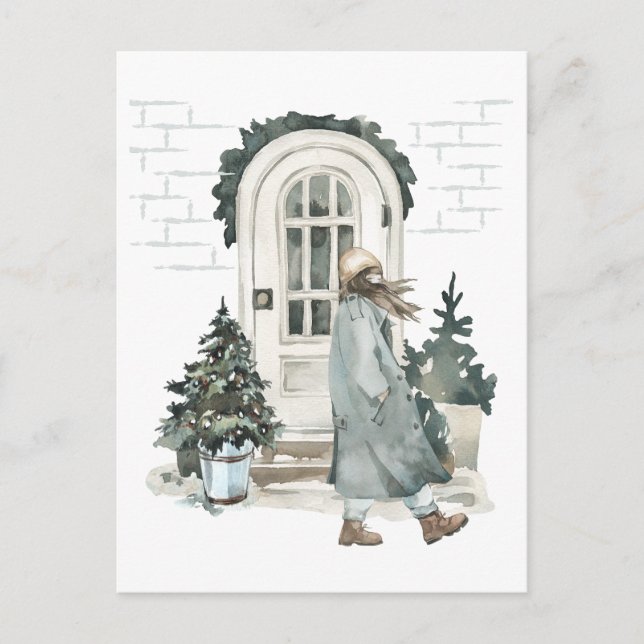 Carte Postale Fille marchant dans la rue en hiver (Devant)