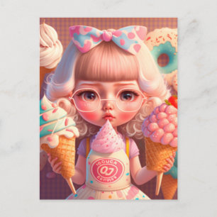 Carte Postale Fille mignonne Kawaii avec des glaces  