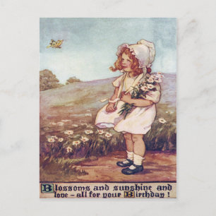 Carte Postale Fille mignonne Marguerites Champ Papillon