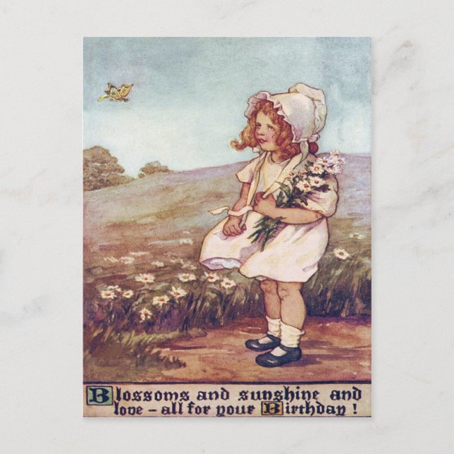 Carte Postale Fille mignonne Marguerites Champ Papillon (Devant)