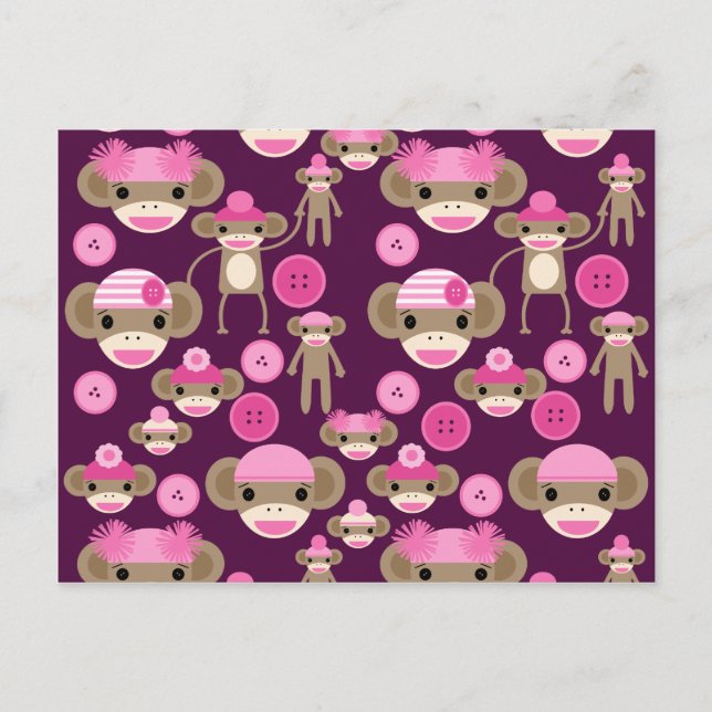 Carte Postale Fille mignonne rose singes Filles sur violet (Devant)