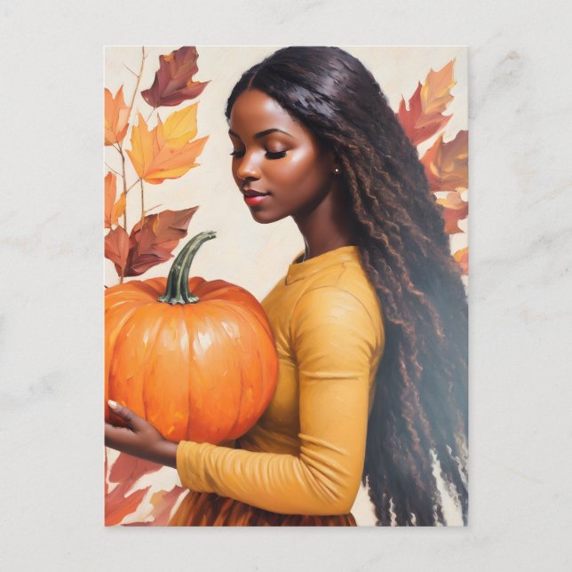 Carte Postale Fille noire avec feuilles d'automne Citrouilles (Devant)