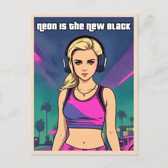 Carte Postale Fille nostalgique néon Lo-Fi Vaporwave Rétro 80s (Devant)