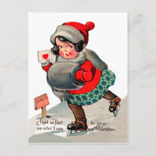 Carte Postale Fille patinant avec lettre d'amour. Saint-Valentin