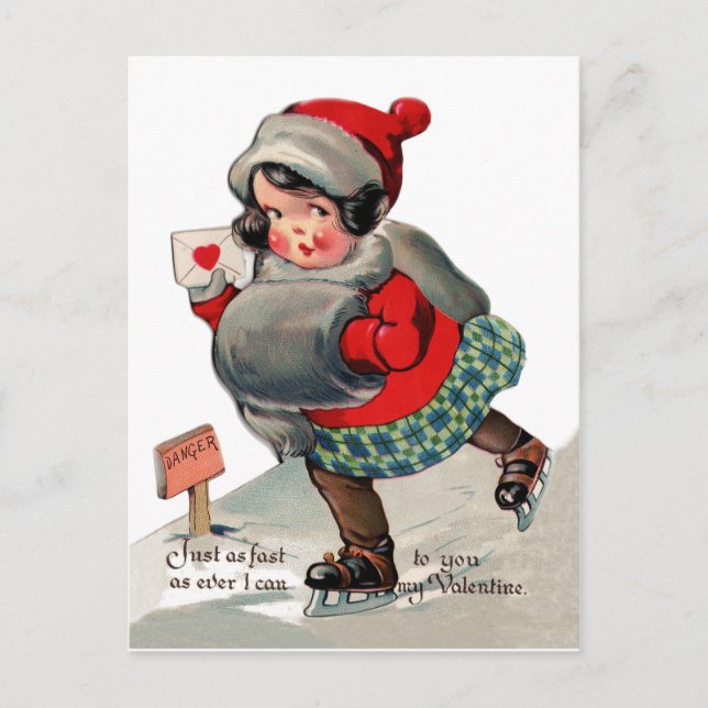 Carte Postale Fille patinant avec lettre d'amour. Saint-Valentin (Devant)