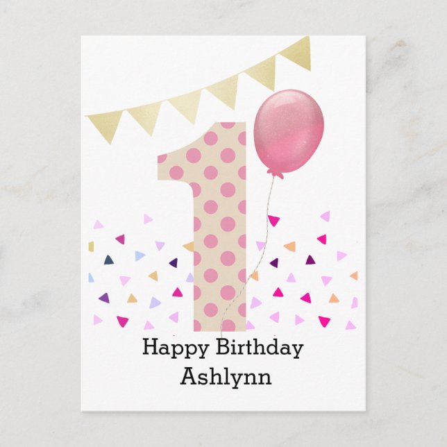 Carte Postale Fille pour le 1er anniversaire rose (Devant)