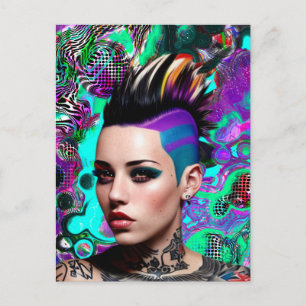 Carte Postale Fille punk Mohawk Art abstrait
