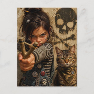 Carte Postale Fille rebelle féroce avec lance-pierre et chat aud
