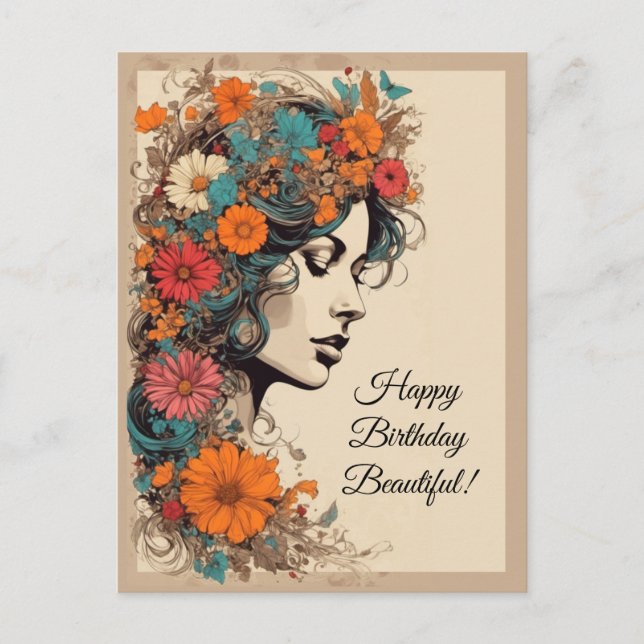 Carte Postale Fille Rétro avec des fleurs dans les cheveux (Devant)