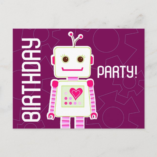 Carte Postale Fille Robot fête d'anniversaire, invitation par ca (Devant)