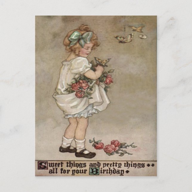 Carte Postale Fille Rose Papillon Anniversaire (Devant)