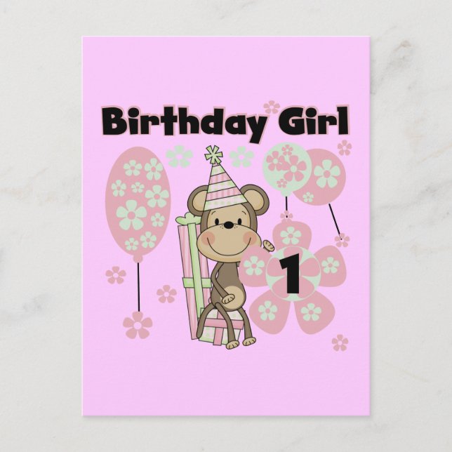 Carte Postale Fille Singe Avec Cadeaux 1er Anniversaire Tshirts (Devant)