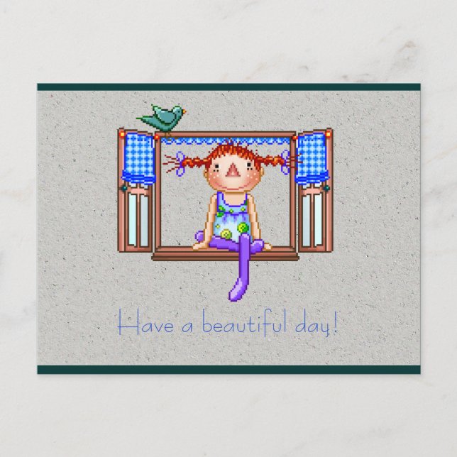Carte Postale Fille sur une fenêtre Sill Pixel Art (Devant)